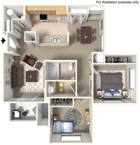 Floor plan for 2 beds, 1 bath, 976 sqft